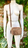 Light brown small suede leather bag. Tan GENUINE leather shoulder / cross body bag. Taupe brown suede purse, adjustable strap + zippers.