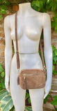 Light brown small suede leather bag. Tan GENUINE leather shoulder / cross body bag. Taupe brown suede purse, adjustable strap + zippers.