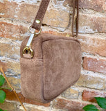 Light brown small suede leather bag. Tan GENUINE leather shoulder / cross body bag. Taupe brown suede purse, adjustable strap + zippers.