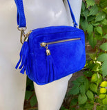 Small suede bag in cobalt blue. GENUINE leather shoulder or crossbody bag. Royal blue suede purse, adjustable strap and zipper.
