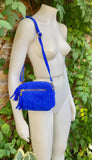 Small suede bag in cobalt blue. GENUINE leather shoulder or crossbody bag. Royal blue suede purse, adjustable strap and zipper.