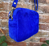 Small suede bag in cobalt blue. GENUINE leather shoulder or crossbody bag. Royal blue suede purse, adjustable strap and zipper.