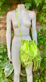 Crossbody / shoulder fringed bag. Metallic neon green genuine leather drawstring bag. Long FRINGES. Lime green leather purse. Green glitter