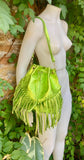 Crossbody / shoulder fringed bag. Metallic neon green genuine leather drawstring bag. Long FRINGES. Lime green leather purse. Green glitter