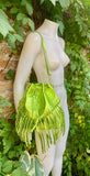 Crossbody / shoulder fringed bag. Metallic neon green genuine leather drawstring bag. Long FRINGES. Lime green leather purse. Green glitter
