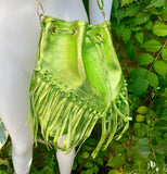 Crossbody / shoulder fringed bag. Metallic neon green genuine leather drawstring bag. Long FRINGES. Lime green leather purse. Green glitter