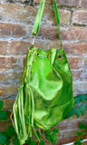 Crossbody / shoulder fringed bag. Metallic neon green genuine leather drawstring bag. Long FRINGES. Lime green leather purse. Green glitter