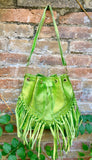 Crossbody / shoulder fringed bag. Metallic neon green genuine leather drawstring bag. Long FRINGES. Lime green leather purse. Green glitter
