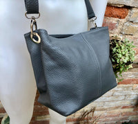 Genuine leather bag in dark gray. Small bucket bag, crossbody / shoulder bag. Grey purse, lined + adjustable strap. Dark gray leather purse