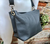 Genuine leather bag in dark gray. Small bucket bag, crossbody / shoulder bag. Grey purse, lined + adjustable strap. Dark gray leather purse