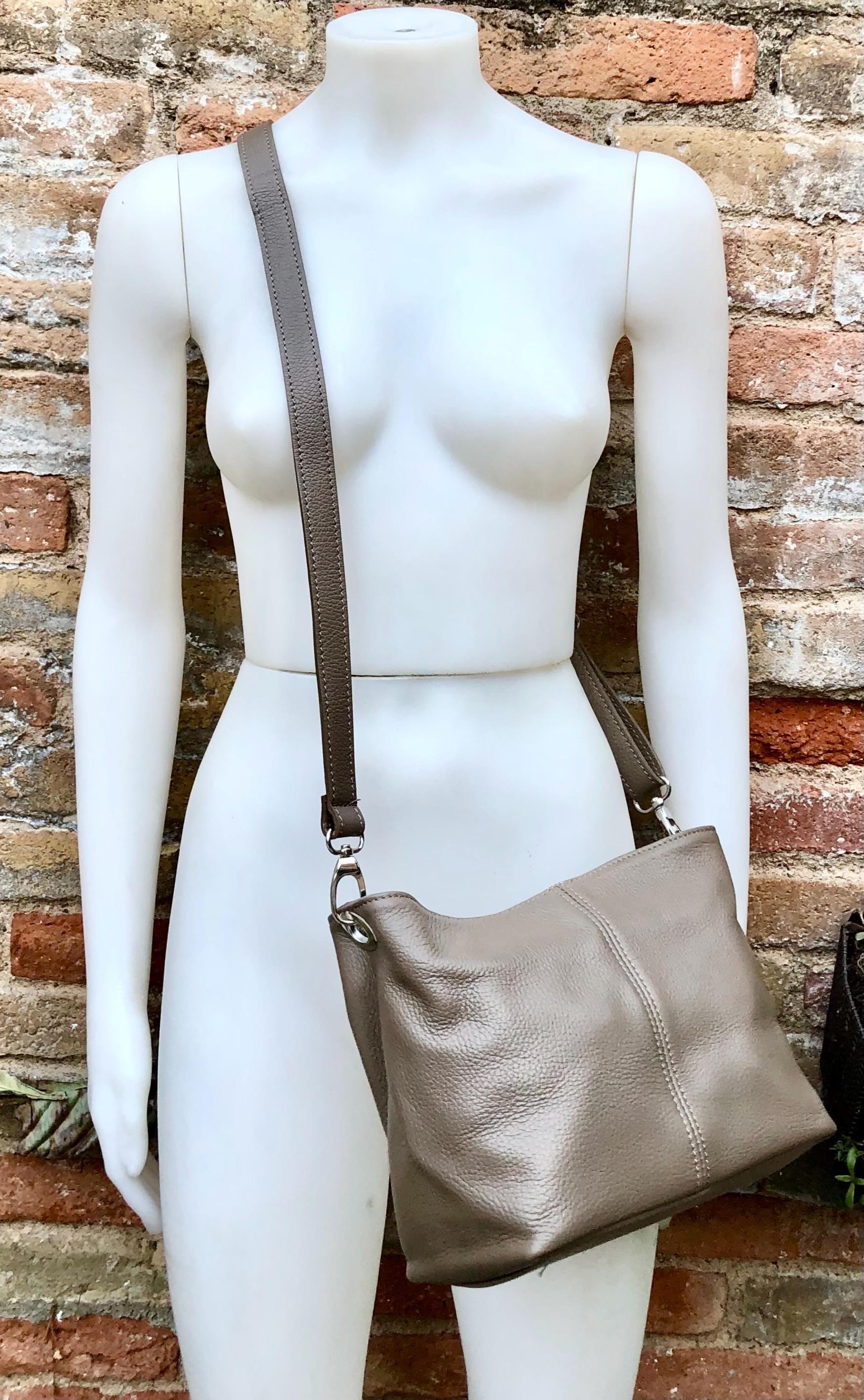 Light brown genuine leather bag. Small bucket bag, crossbody / shoulder bag. Taupe purse, lined + adjustable strap.Tan brown leather purse