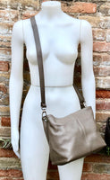 Light brown genuine leather bag. Small bucket bag, crossbody / shoulder bag. Taupe purse, lined + adjustable strap.Tan brown leather purse