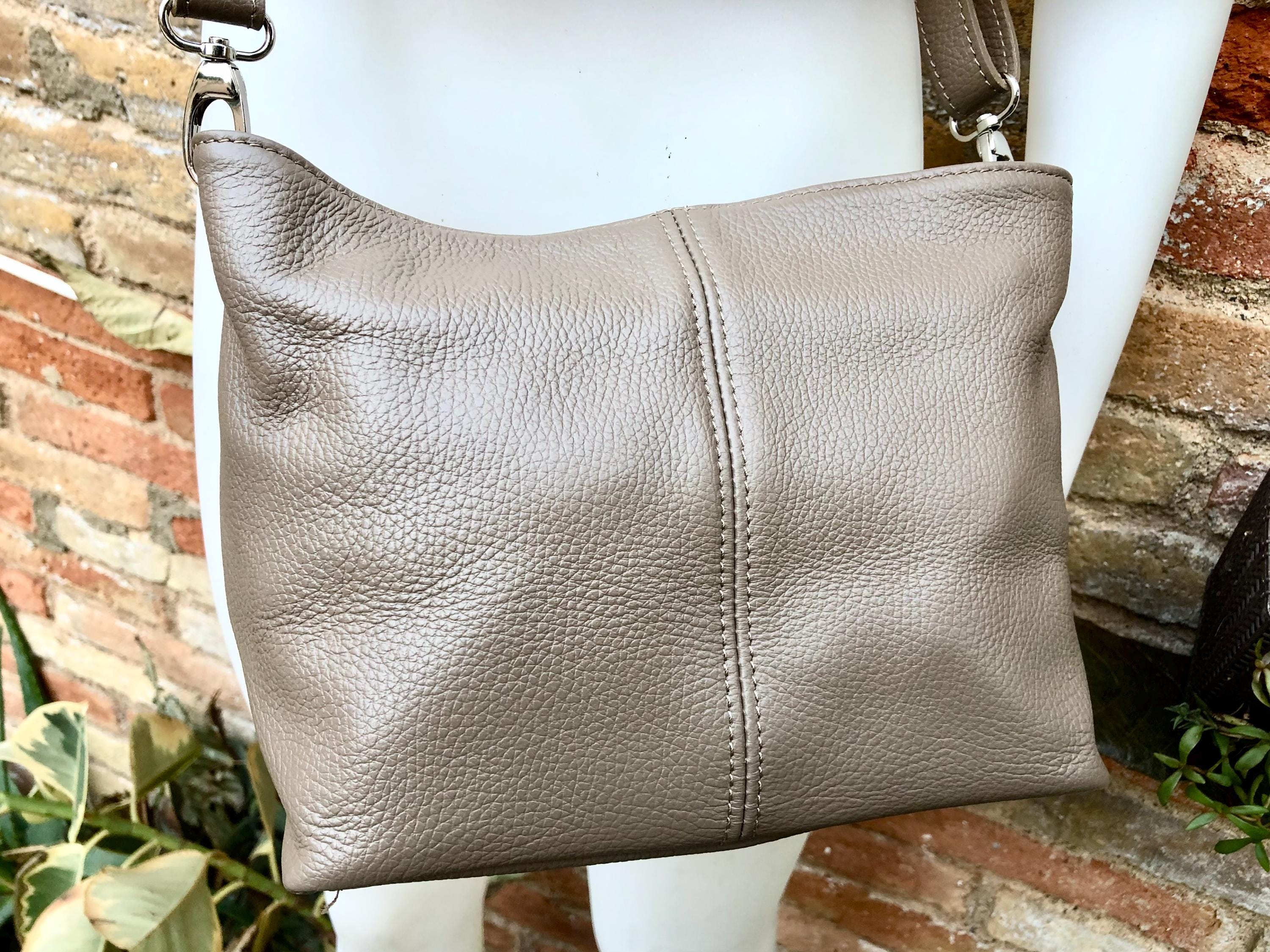 Light brown genuine leather bag. Small bucket bag, crossbody / shoulder bag. Taupe purse, lined + adjustable strap.Tan brown leather purse