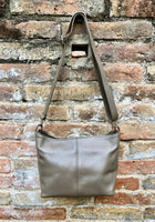 Light brown genuine leather bag. Small bucket bag, crossbody / shoulder bag. Taupe purse, lined + adjustable strap.Tan brown leather purse