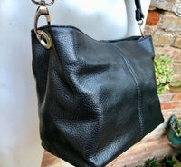 Black genuine leather bag. Small bucket bag, crossbody / shoulder bag. Black purse, lined + adjustable strap. Black leather purse.