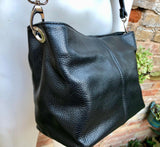 Black genuine leather bag. Small bucket bag, crossbody / shoulder bag. Black purse, lined + adjustable strap. Black leather purse.