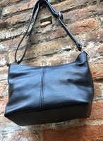 Black genuine leather bag. Small bucket bag, crossbody / shoulder bag. Black purse, lined + adjustable strap. Black leather purse.