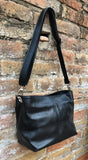Black genuine leather bag. Small bucket bag, crossbody / shoulder bag. Black purse, lined + adjustable strap. Black leather purse.