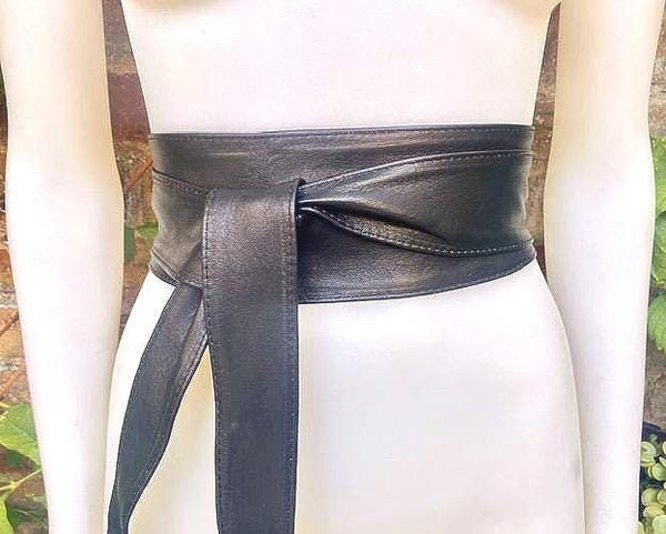 BLACK obi belt. Wrap belt in soft genuine leather. Wraparound waist belt. Wide style. Boho dress belt in soft black leather