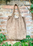 Light brown leather shopper bag in genuine suede. Slouchy tan color carry all tote bag for laptop, tablet, books. Taupe brown leather purse