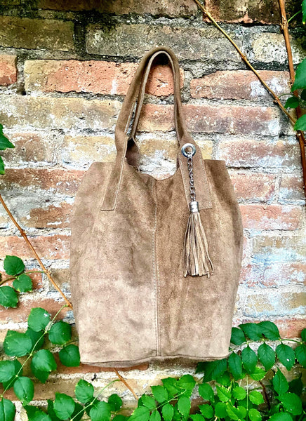Light brown leather shopper bag in genuine suede. Slouchy tan color carry all tote bag for laptop, tablet, books. Taupe brown leather purse