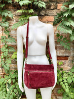 BURGUNDY crossbody suede bag. Genuine leather wine red suede bag with zippers, adjustable strap and tassel. Dark red suede purse.
