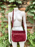 BURGUNDY crossbody suede bag. Genuine leather wine red suede bag with zippers, adjustable strap and tassel. Dark red suede purse.