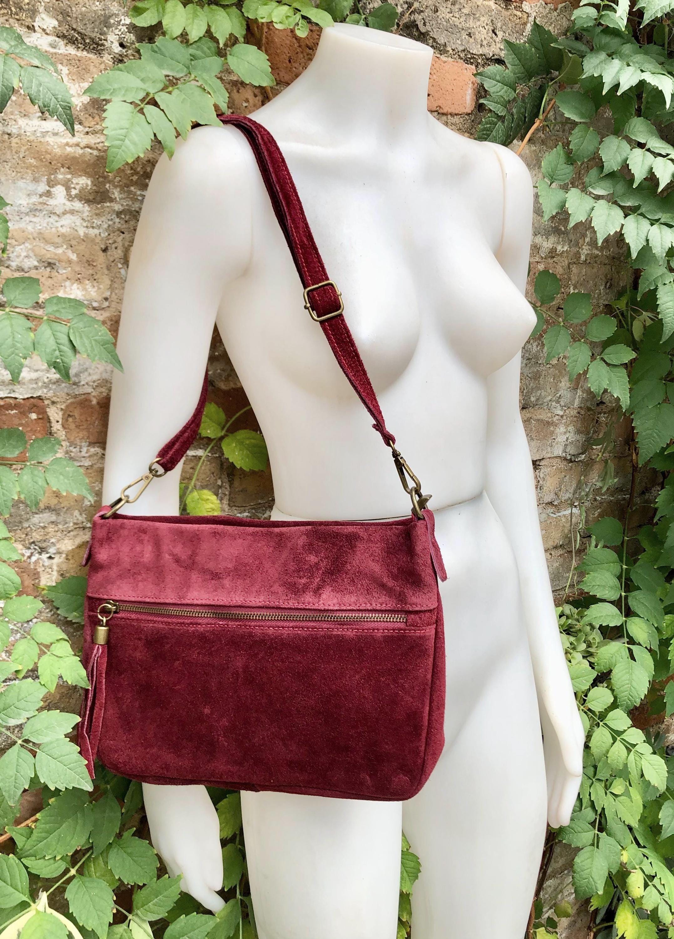 BURGUNDY crossbody suede bag. Genuine leather wine red suede bag with zippers, adjustable strap and tassel. Dark red suede purse.