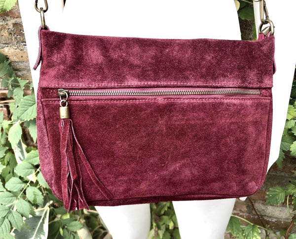BURGUNDY crossbody suede bag. Genuine leather wine red suede bag with zippers, adjustable strap and tassel. Dark red suede purse.
