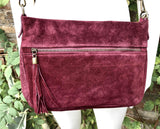 BURGUNDY crossbody suede bag. Genuine leather wine red suede bag with zippers, adjustable strap and tassel. Dark red suede purse.