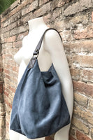 Slouch leather bag in DENIM blue. Hobo shoulder bag. Boho bag. Book or tablet bags in suede.Blue suede bag.