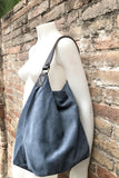 Slouch leather bag in DENIM blue. Hobo shoulder bag. Boho bag. Book or tablet bags in suede.Blue suede bag.