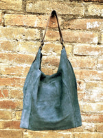 Slouch leather bag in DENIM blue. Hobo shoulder bag. Boho bag. Book or tablet bags in suede.Blue suede bag.