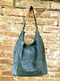 Slouch leather bag in DENIM blue. Hobo shoulder bag. Boho bag. Book or tablet bags in suede.Blue suede bag.