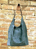 Slouch leather bag in DENIM blue. Hobo shoulder bag. Boho bag. Book or tablet bags in suede.Blue suede bag.