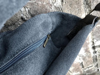 Slouch leather bag in DENIM blue. Hobo shoulder bag. Boho bag. Book or tablet bags in suede.Blue suede bag.
