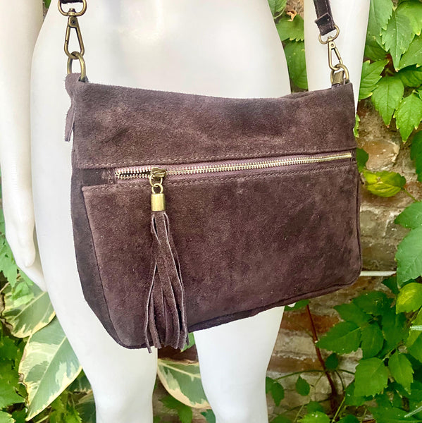 BOHO suede leather bag in DARK brown. Cross over bag, leather bag, boho bag, messenger suede bag. Soft natural leather bag with tassels