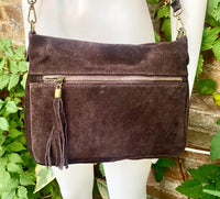 BOHO suede leather bag in DARK brown. Cross over bag, leather bag, boho bag, messenger suede bag. Soft natural leather bag with tassels
