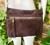 BOHO suede leather bag in DARK brown. Cross over bag, leather bag, boho bag, messenger suede bag. Soft natural leather bag with tassels