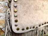 Taupe brown crossbody fringed bag with tacks.BOHO suede leather bag with FRINGES. Greyge brown genuine suede leather. Grey-brown suede purse