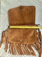 Camel brown crossbody fringed bag with tacks.BOHO suede leather bag with FRINGES. Tan brown genuine suede leather. Light brown suede purse
