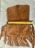 Taupe brown crossbody fringed bag with tacks.BOHO suede leather bag with FRINGES. Greyge brown genuine suede leather. Grey-brown suede purse