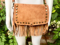 Camel brown crossbody fringed bag with tacks.BOHO suede leather bag with FRINGES. Tan brown genuine suede leather. Light brown suede purse