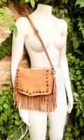 Camel brown crossbody fringed bag with tacks.BOHO suede leather bag with FRINGES. Tan brown genuine suede leather. Light brown suede purse