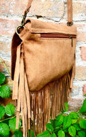Camel brown crossbody fringed bag with tacks.BOHO suede leather bag with FRINGES. Tan brown genuine suede leather. Light brown suede purse