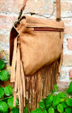 Camel brown crossbody fringed bag with tacks.BOHO suede leather bag with FRINGES. Tan brown genuine suede leather. Light brown suede purse