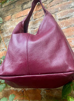 Burgundy slouch bag. Tote leather bag in wine red with ZIPPER. Soft genuine leather. Dark red leather purse. Wide strap leather shopper.