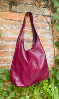 Burgundy slouch bag. Tote leather bag in wine red with ZIPPER. Soft genuine leather. Dark red leather purse. Wide strap leather shopper.