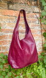 Burgundy slouch bag. Tote leather bag in wine red with ZIPPER. Soft genuine leather. Dark red leather purse. Wide strap leather shopper.