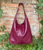 Burgundy slouch bag. Tote leather bag in wine red with ZIPPER. Soft genuine leather. Dark red leather purse. Wide strap leather shopper.